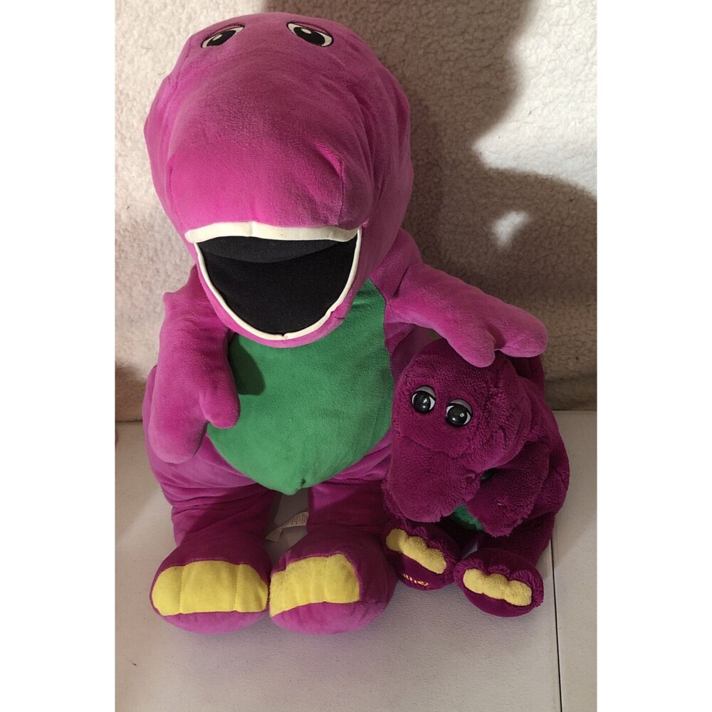Vintage Barney Plush Hand Puppet & Large 27in Animal Purple Dinosaur Toy
